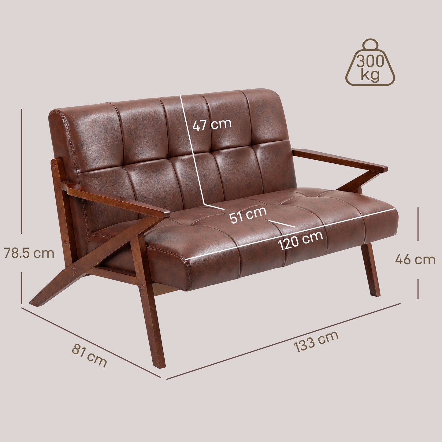 كنبة مقعدين صغيرة من هوم كوم، كنبة Love seat عتيقة منجدة بأزرار مع أرجل من الخشب الصلب، كنبة جلد صناعي صغيرة لغرفة المعيشة وغرفة النوم والمكتب المنزلي، 133 × 81 × 78.5 سم، بني