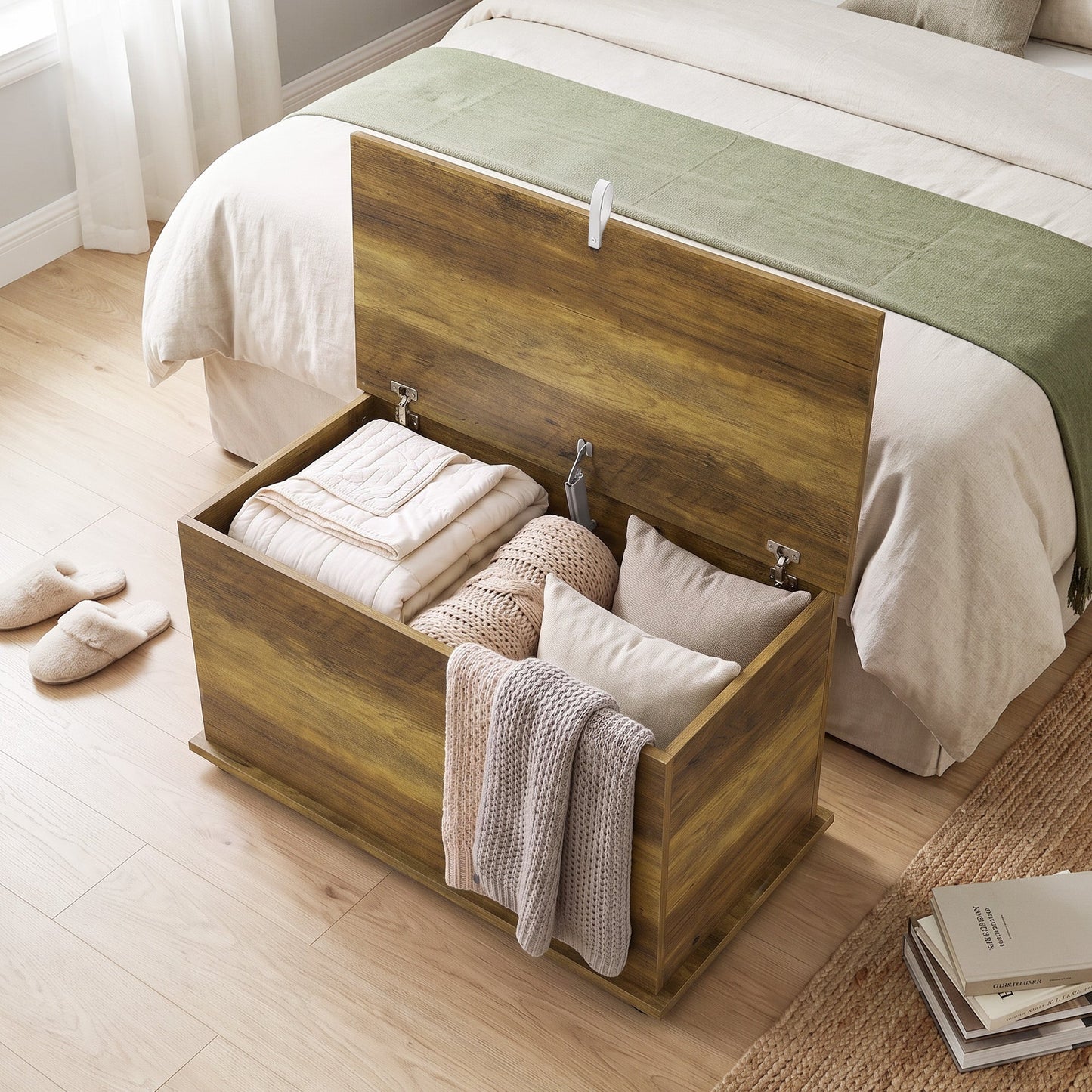 HOMCOM Storage Chest, 102L Blanket Box, Shoe Bench with Safety Hinged Lid, Bed End Bench for Bedroom, 80 x 40 x 45cm, Brown