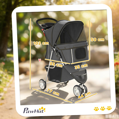 PawHut Dog Stroller, 3 Wheels Foldable Pet Stroller with Adjustable Canopy, Storage Basket for Small Mini Breeds, Dark Grey