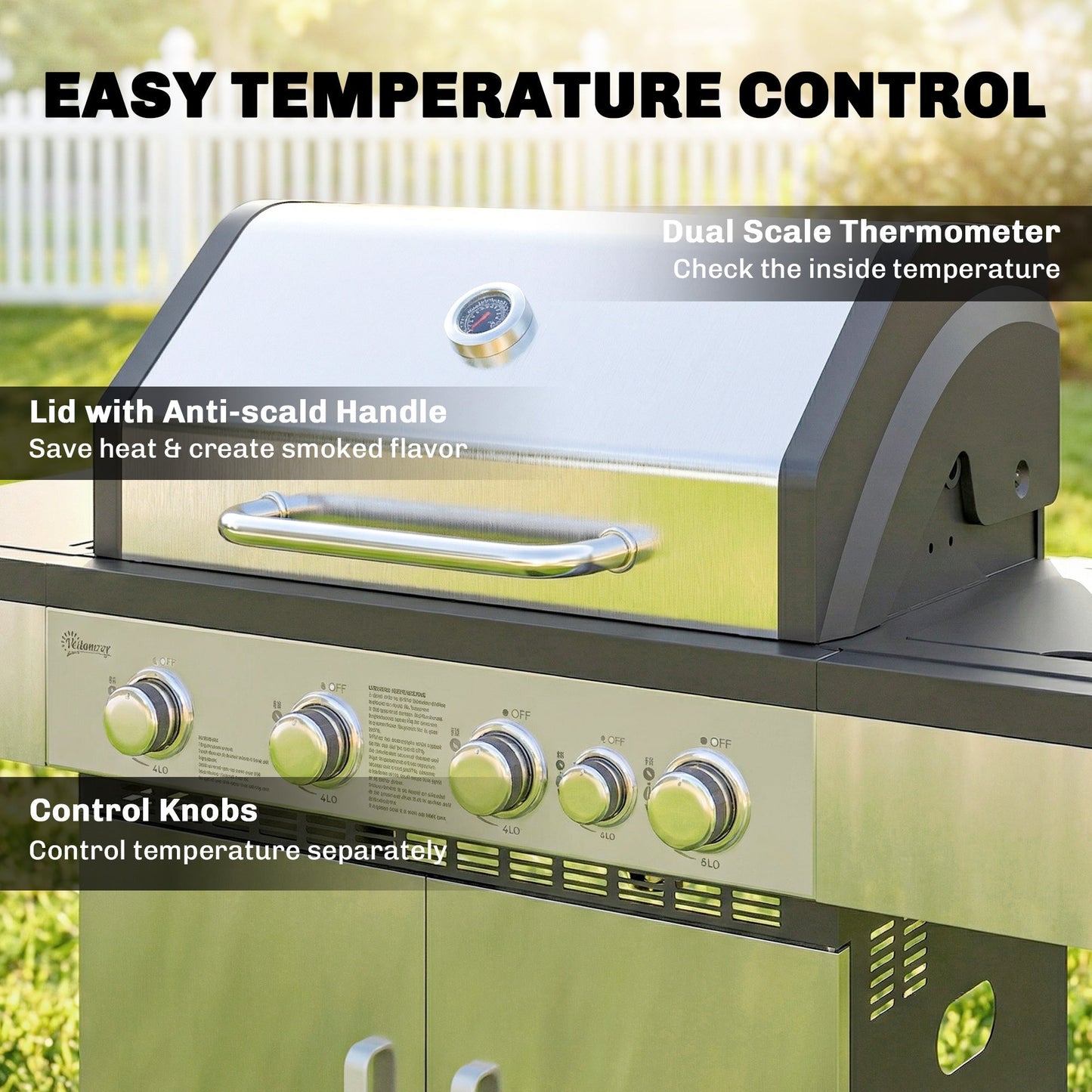 Outsunny 4+1 Burner Gas BBQ Grill, Portable Gas Barbecue Grill with Side Burner, Warming Rack, Side Shelf, Storage Cabinet