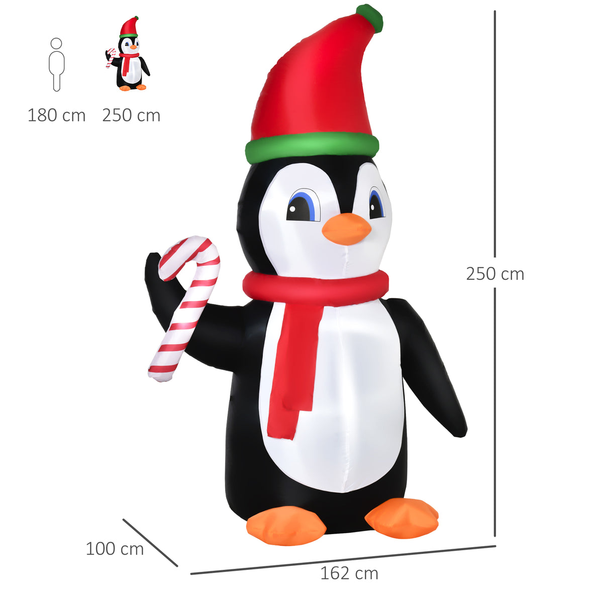 8ft Inflatable Christmas Penguin Holding Candy Cane Blow Up Outdoor Decoration in Red and Black and White