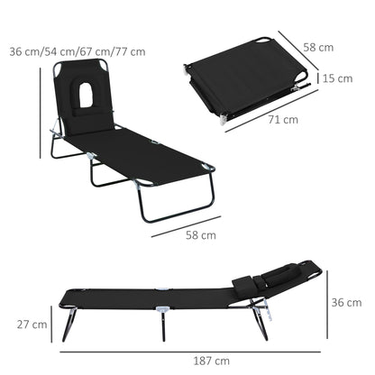 Outsunny Outdoor Folding Sun Lounger with Face Hole, 4 Level Adjustable Backrest Reclining Garden Lounger, Garden Recliner Sunbed with 600 D Oxford Cloth Seat and Pillow for Beach, Black