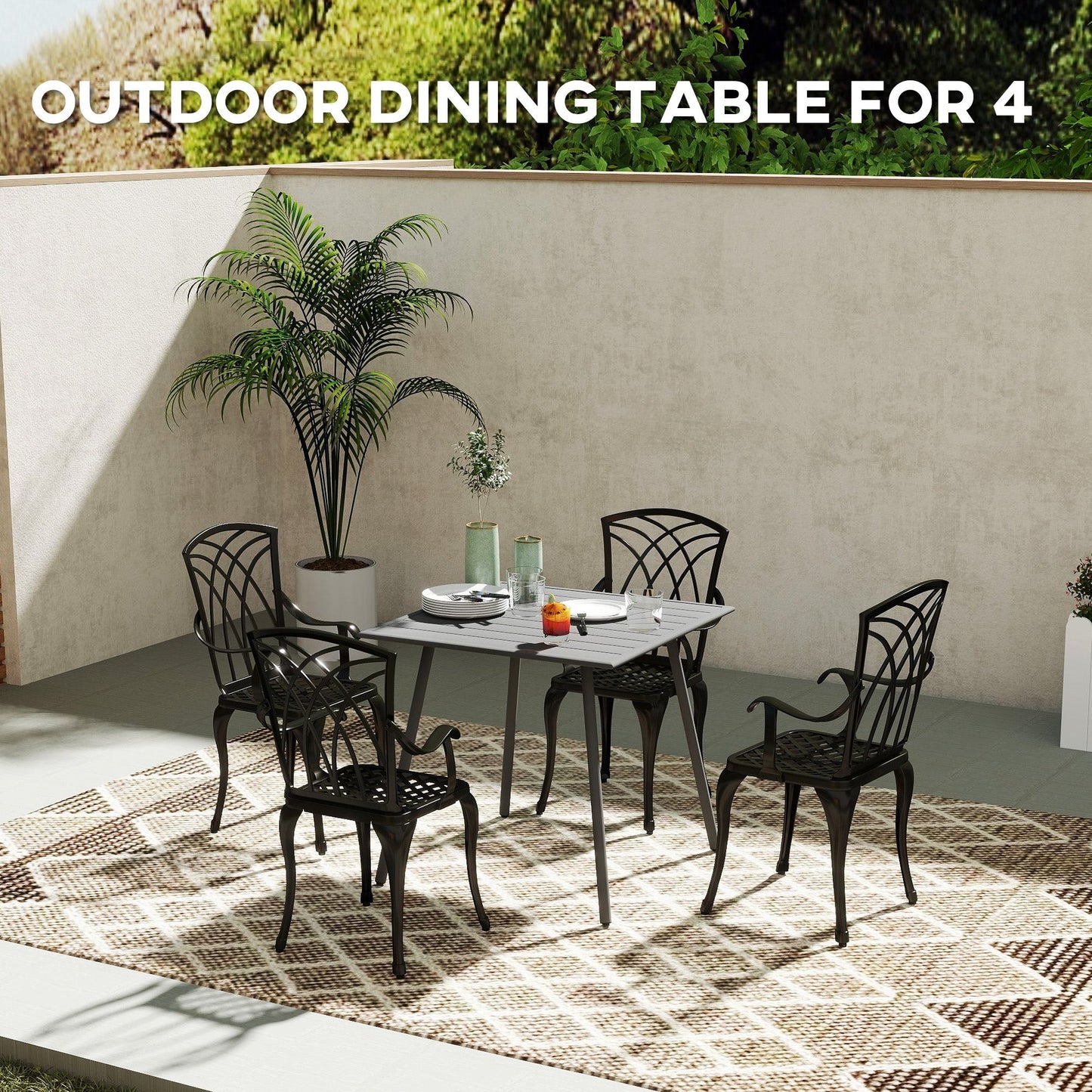 طاولة حديقة مربعة من Outsunny بسطح شرائحي، إطار فولاذي، طاولة خارجية لـ 4 أشخاص، 80 × 80 × 74 سم، رمادي