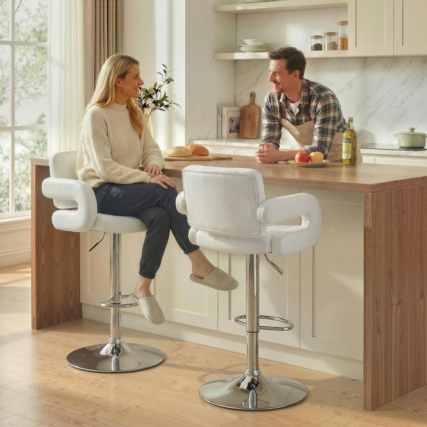 HOMCOM Bar Stools Adjustable Swivel Kitchen Chairs with Backrest Armrest Set of 2 PU Leather White