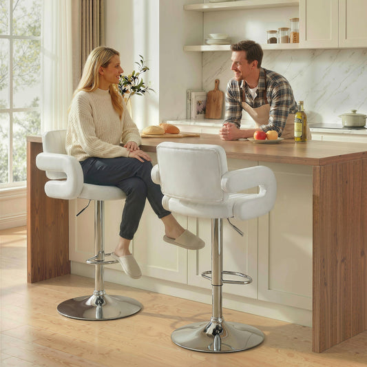 HOMCOM Bar Stools Adjustable Swivel Kitchen Chairs with Backrest Armrest Set of 2 PU Leather White
