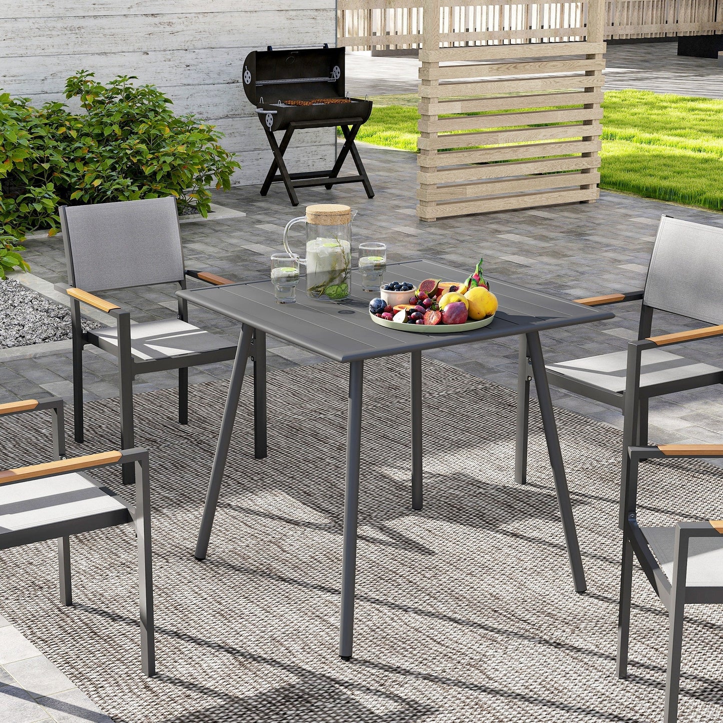 طاولة حديقة مربعة من Outsunny بسطح شرائحي، إطار فولاذي، طاولة خارجية لـ 4 أشخاص، 80 × 80 × 74 سم، رمادي
