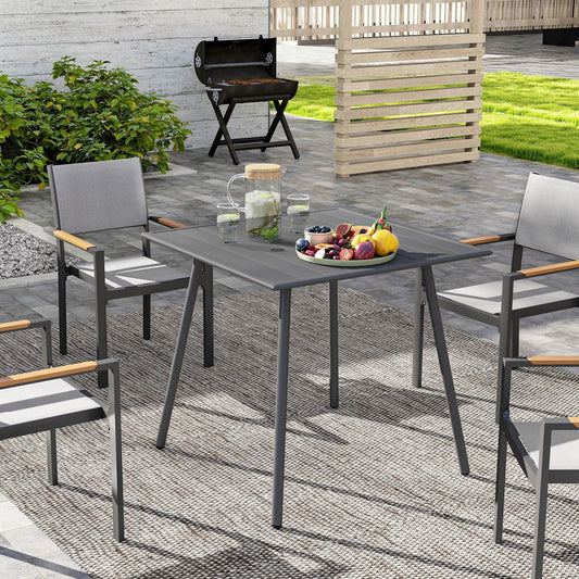 طاولة حديقة مربعة من Outsunny بسطح شرائحي، إطار فولاذي، طاولة خارجية لـ 4 أشخاص، 80 × 80 × 74 سم، رمادي