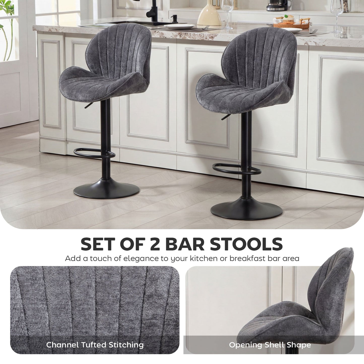 HOMCOM Bar Stools Set of 2, Swivel Barstools with Back, Adjustable Height and Footrest for Kitchen Island, Dining Room, Grey