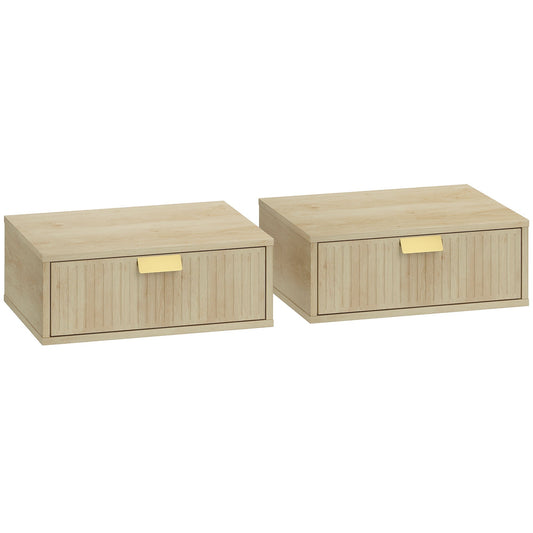 HOMCOM Modern Floating Nightstands Set of 2, Wall Mounted Bedside Tables with Wave Drawer Oak