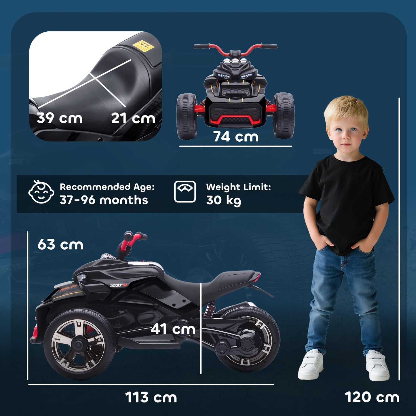 AIYAPLAY 12V Kids Electric Ride On Car with 3 Wheeler, MP3 Player, Horn, 2 Speeds, LED Lights for Boys & Girls Ages 3-8, Black