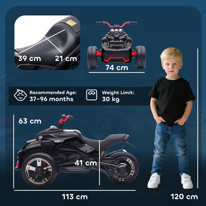 AIYAPLAY 12V Kids Electric Ride On Car with 3 Wheeler, MP3 Player, Horn, 2 Speeds, LED Lights for Boys & Girls Ages 3-8, Black