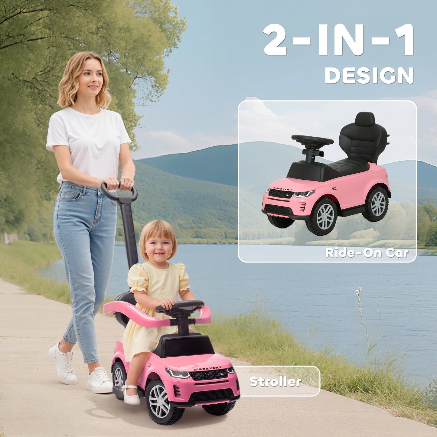 AIYAPLAY Land Rover Discovery Licensed Baby Push Car, 2-in-1 Ride on Car with Push Handle and Safety Guardrail, Pink