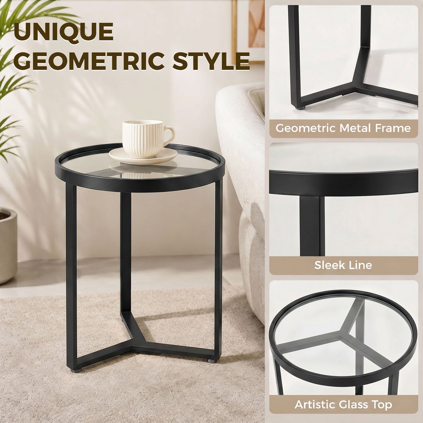 HOMCOM Round Side Table with Tempered Glass Top and Geometric Metal Frame for Small Space, Black