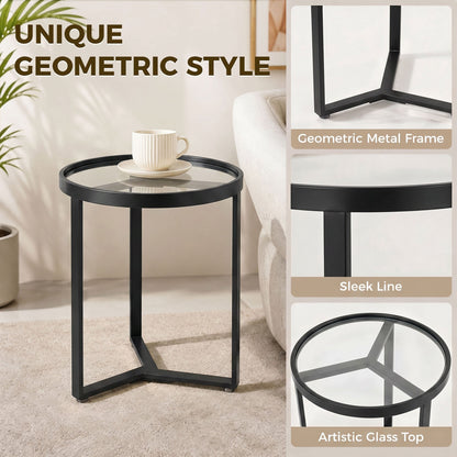 HOMCOM Round Side Table with Tempered Glass Top and Geometric Metal Frame for Small Space, Black