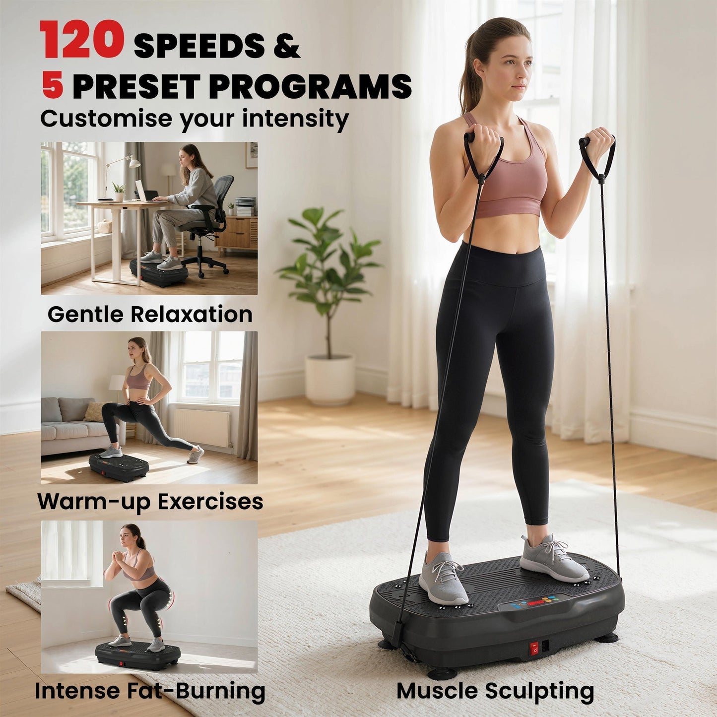 SPORTNOW Vibration Plate Exercise Machine with 120 Speed Levels, 5 Programs, Quiet Vibrating Plate with Resistance Bands
