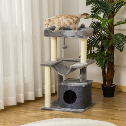 PawHut Cat Tree, 90cm Cat Tower with Sisal Scratching Posts, Cat Condo, Hammock, Top Perch and 2 Hanging Toys for Cats, Grey