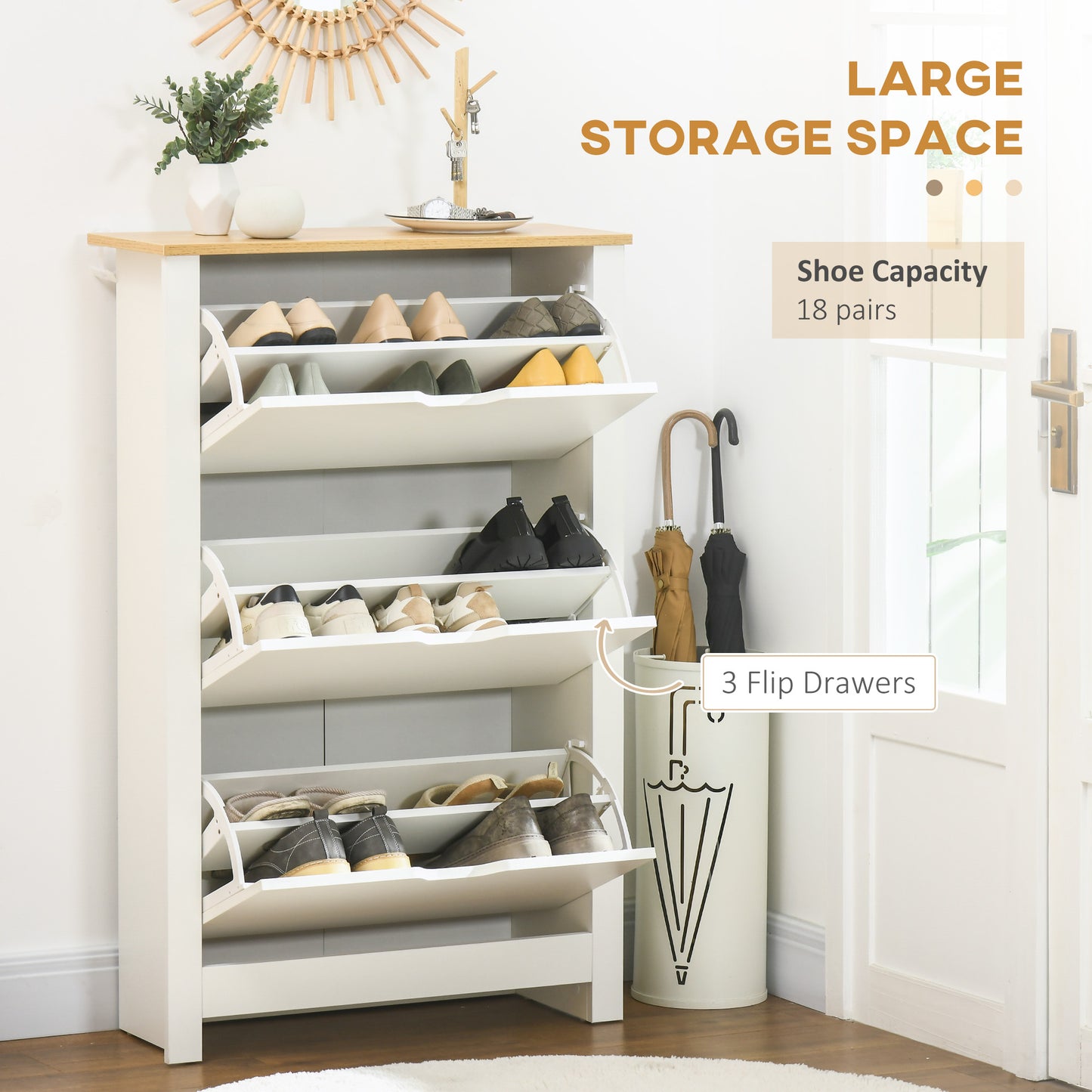 HOMCOM Slim Shoe Cabinet, Narrow Shoe Cupboard with 3 Flip Drawers, Adjustable Shelves for 18 Pairs of Shoes for Hallway, White