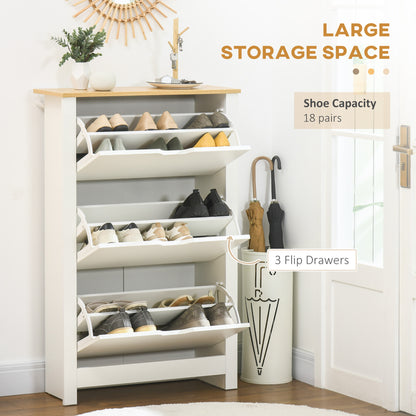 HOMCOM Slim Shoe Cabinet, Narrow Shoe Cupboard with 3 Flip Drawers, Adjustable Shelves for 18 Pairs of Shoes for Hallway, White