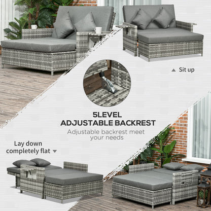 Outsunny Rattan Garden Daybed, Assembled Double Sun Lounger with 5-Level Adjustable Back, Storage Ottoman, Cushions, Pillows and Retractable Trays, Outdoor Loveseat Sofa Bed for Patio, Mixed Grey