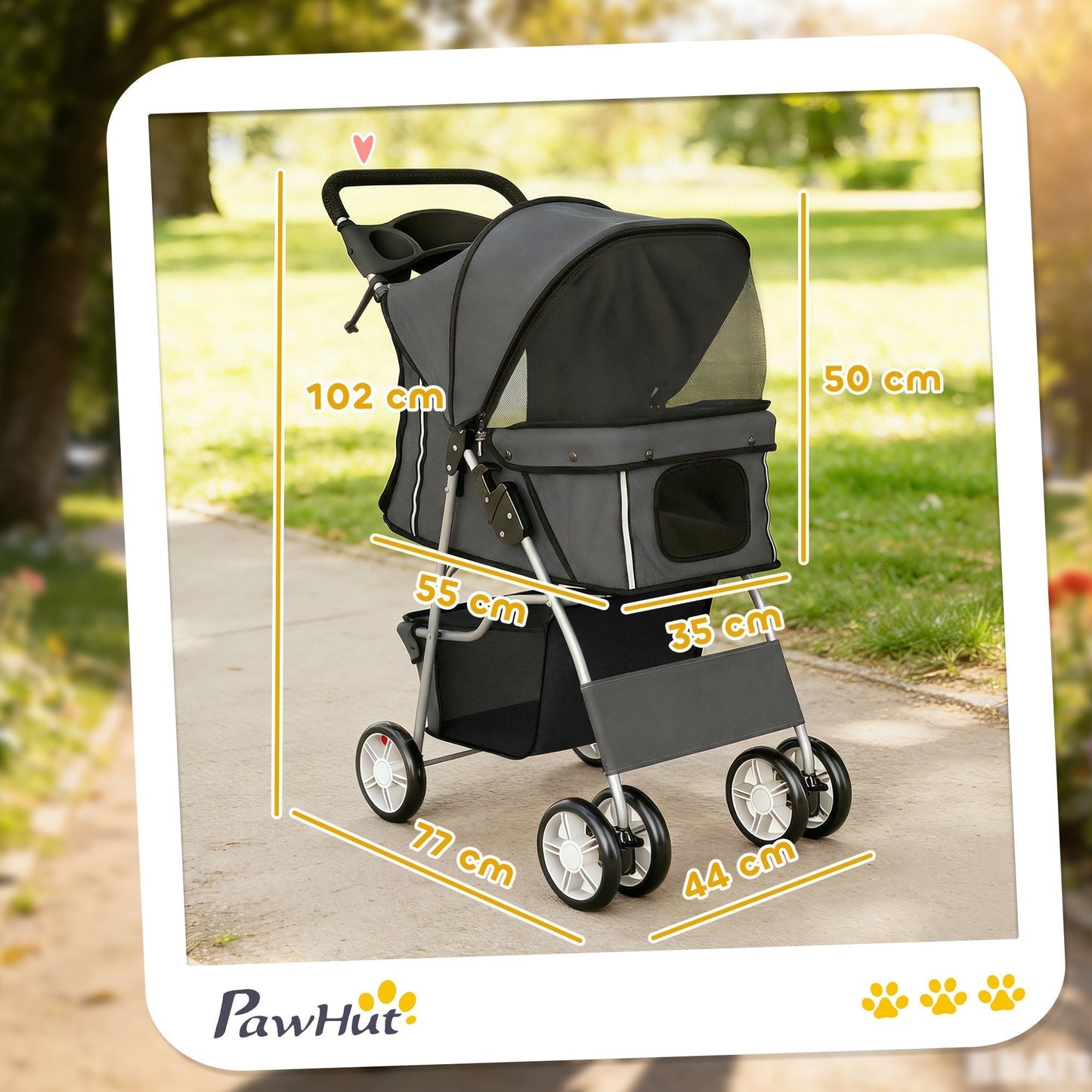 PawHut Dog Pram, Pet Stroller with Reflective Strips, Foldable Cat Stroller with 360 degrees Swivel Wheels, Dark Grey