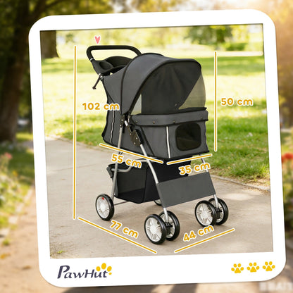 PawHut Dog Pram, Pet Stroller with Reflective Strips, Foldable Cat Stroller with 360 degrees Swivel Wheels, Dark Grey