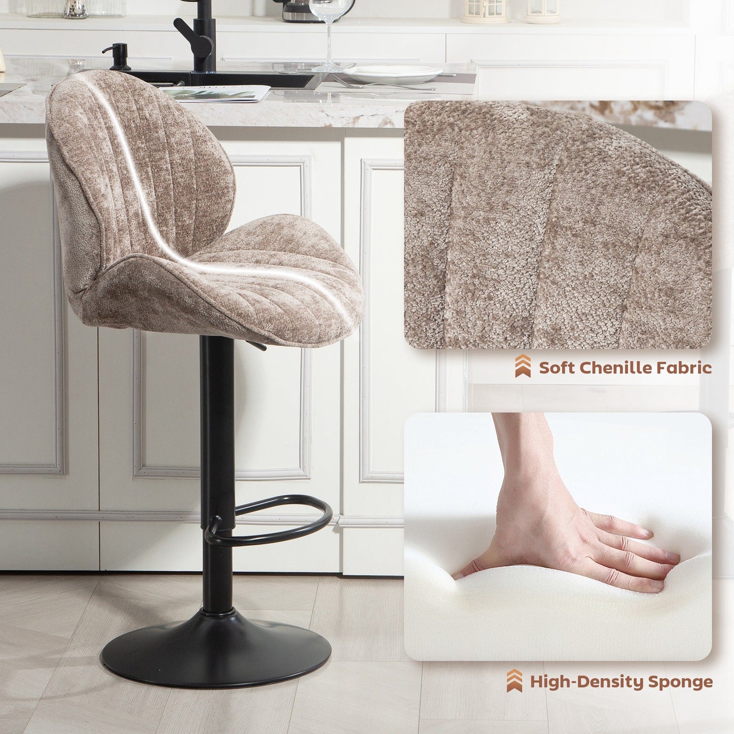 HOMCOM Bar Stools Set of 2, Swivel Barstools with Back, Adjustable Height and Footrest for Kitchen Island, Dining Room, Brown