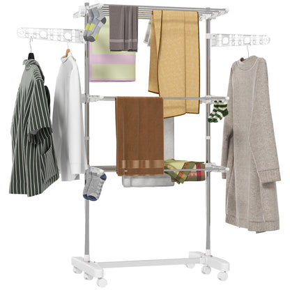 HOMCOM 3-Tier Clothes Airer, Stainless Steel Foldable Clothes Drying Rack with Wheels and Wings, Indoor and Outdoor, Easy Assembly, 142 x 55 x 152cm, White