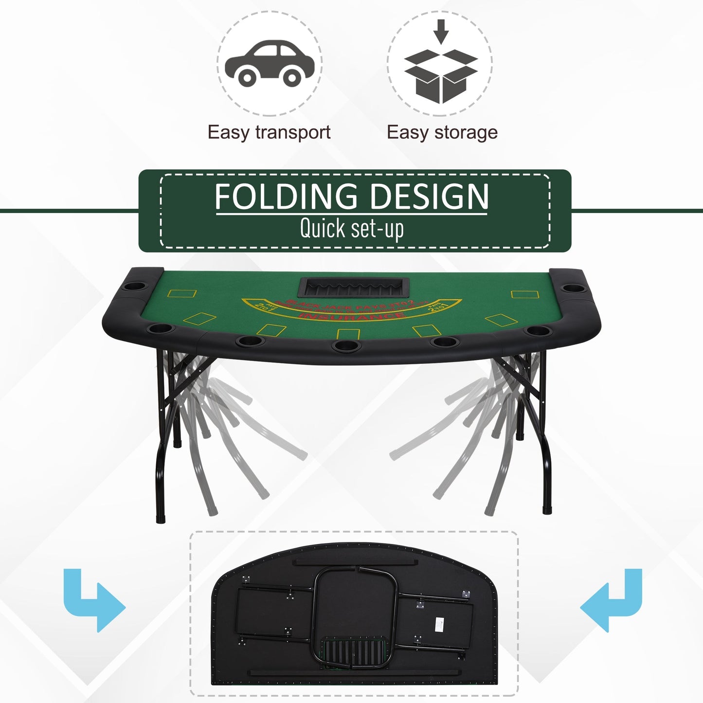 HOMCOM Poker Table, 7-Player Folding Blackjack Table with Chip Tray, Cup Holders, Padded Rails, 182 x 91 x 75 cm, Green