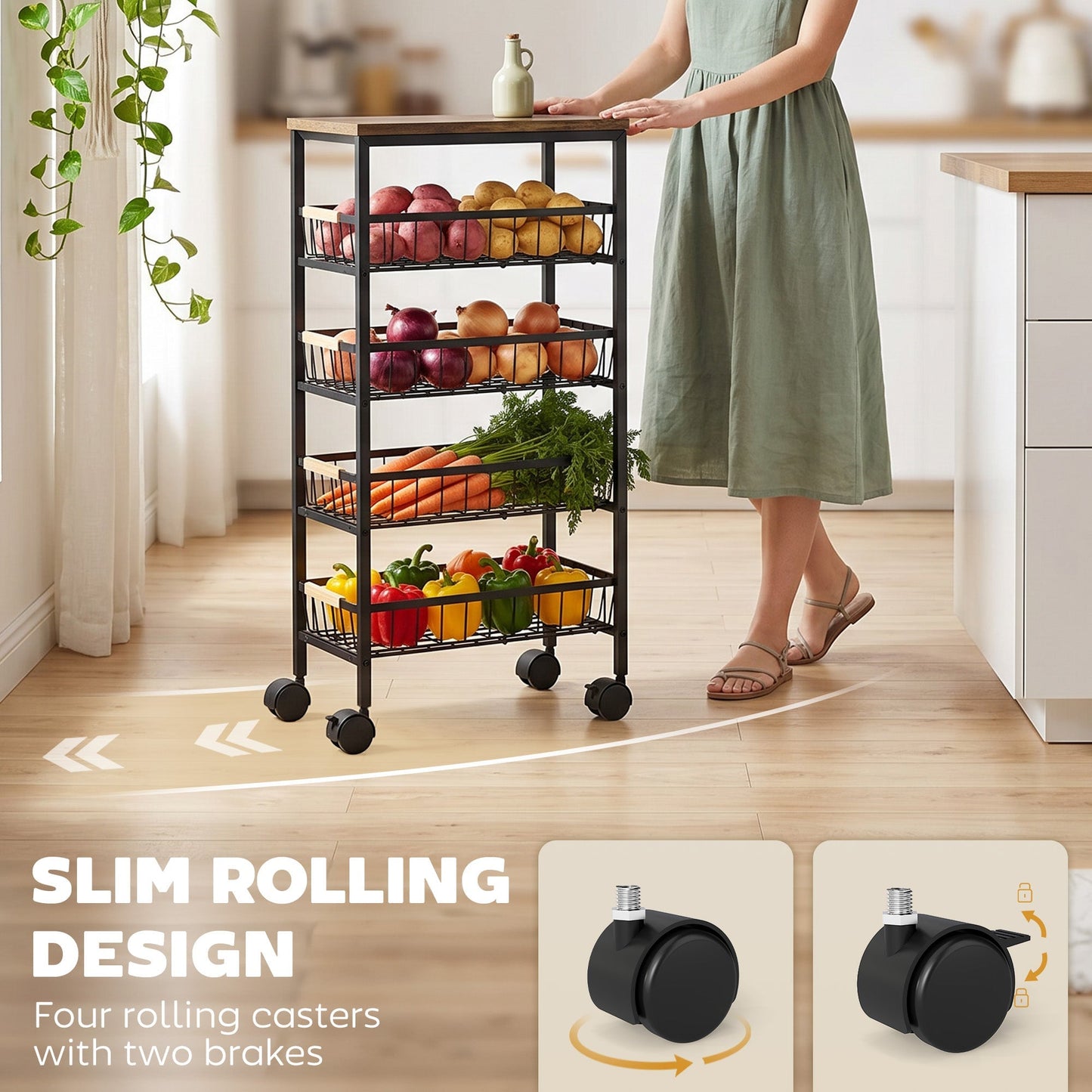HOMCOM Metal Kitchen Trolley, 4-Tier Storage Trolley with Pull-Out Baskets and 4 Swivel Casters for Kitchen, Rustic Brown
