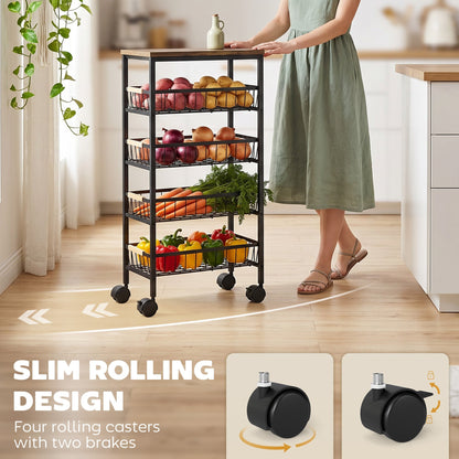 HOMCOM Metal Kitchen Trolley, 4-Tier Storage Trolley with Pull-Out Baskets and 4 Swivel Casters for Kitchen, Rustic Brown