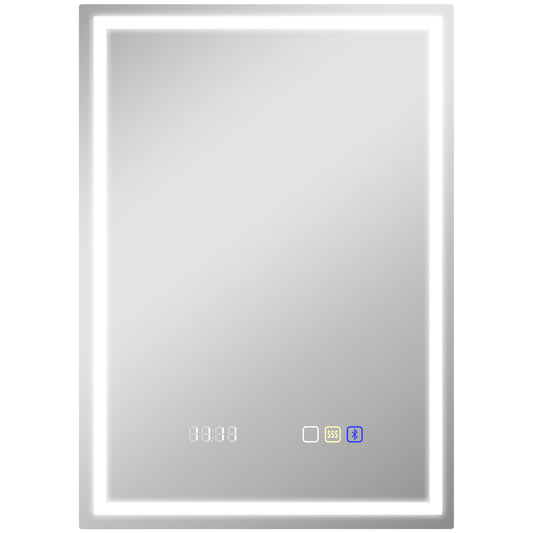 HOMCOM 50 x 70 cm Anti-Fog LED Bathroom Mirror, with Bluetooth and Clock - Silver Tone