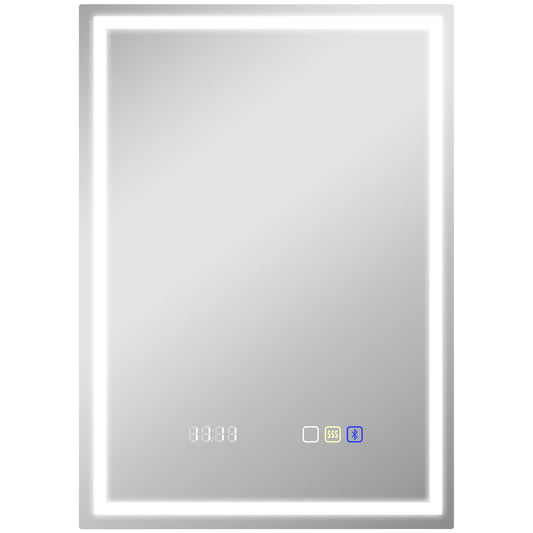 مرآة حمام بإضاءة LED وميزة مقاومة للضباب مقاس 50 × 70 سم من HOMCOM، مع بلوتوث وساعة - باللون الفضي