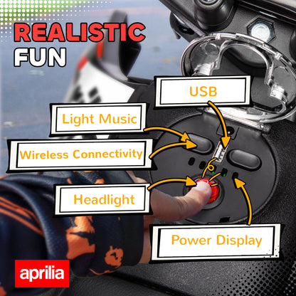 دراجة نارية للأطفال من AIYAPLAY، ١٢ فولت، مرخصة من Aprilia، مزودة بعجلات تدريب، ونظام تعليق زنبركي، ومصباح أمامي LED، وUSB، وموسيقى، لون أحمر/أسود