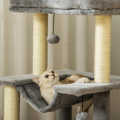 PawHut Cat Tree, 90cm Cat Tower with Sisal Scratching Posts, Cat Condo, Hammock, Top Perch and 2 Hanging Toys for Cats, Grey