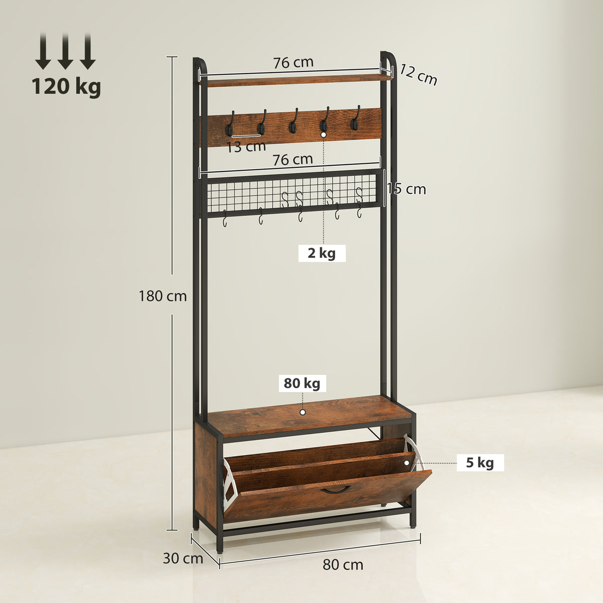 HOMCOM 5-In-1 Industrial-Style Hallway Tree in Rustic Brown
