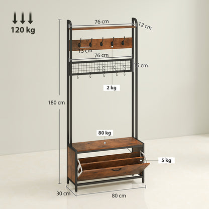 HOMCOM 5-In-1 Industrial-Style Hallway Tree in Rustic Brown
