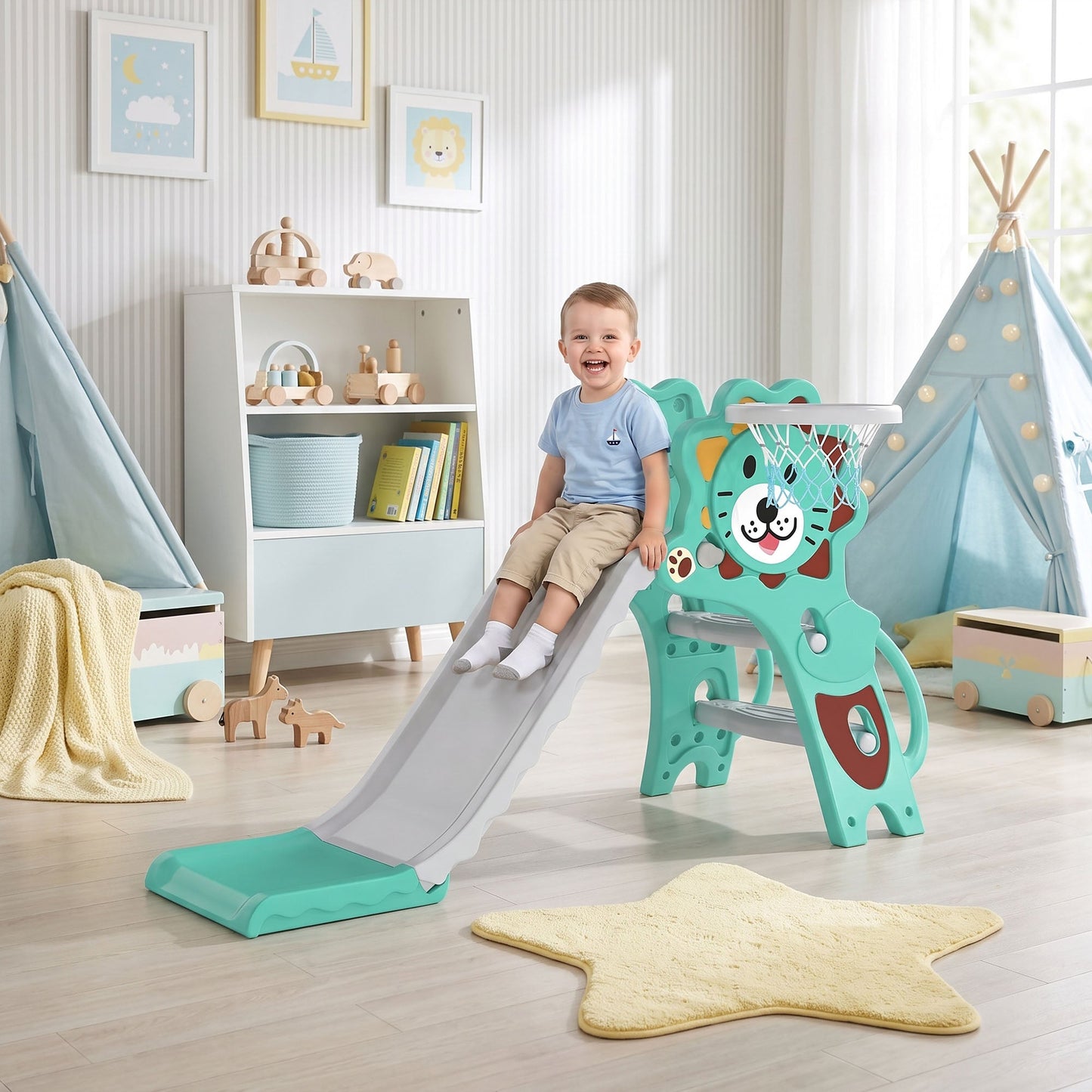 AIYAPLAY Baby Slide with Basketball Hoop, Climber, Easy to Assemble Kids Slide for Indoor Use, for Ages 18-36 Months - Blue