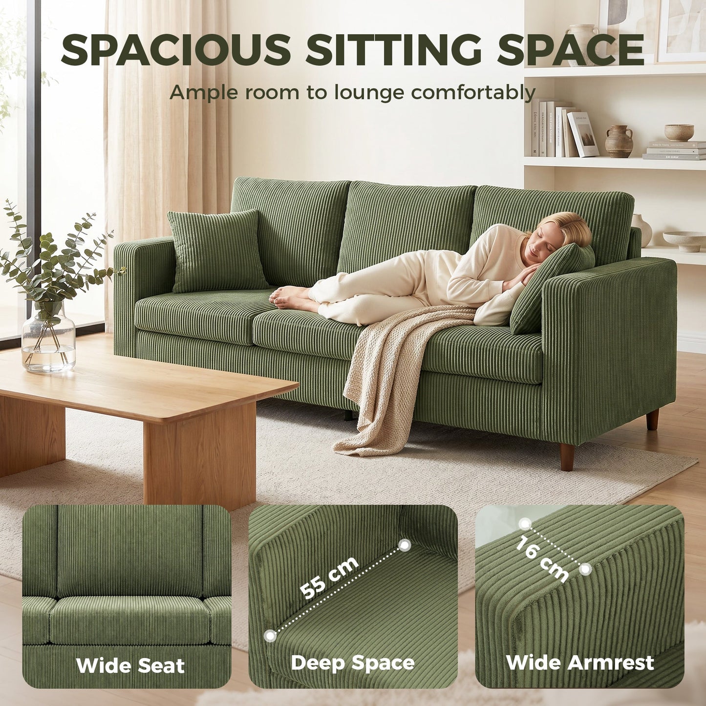 HOMCOM 3 Seater Sofa with Wide Seat, Corduroy Fabric Couch with Deep Seat, Spring Cushion, Green