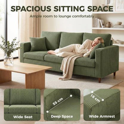 HOMCOM 3 Seater Sofa with Wide Seat, Corduroy Fabric Couch with Deep Seat, Spring Cushion, Green