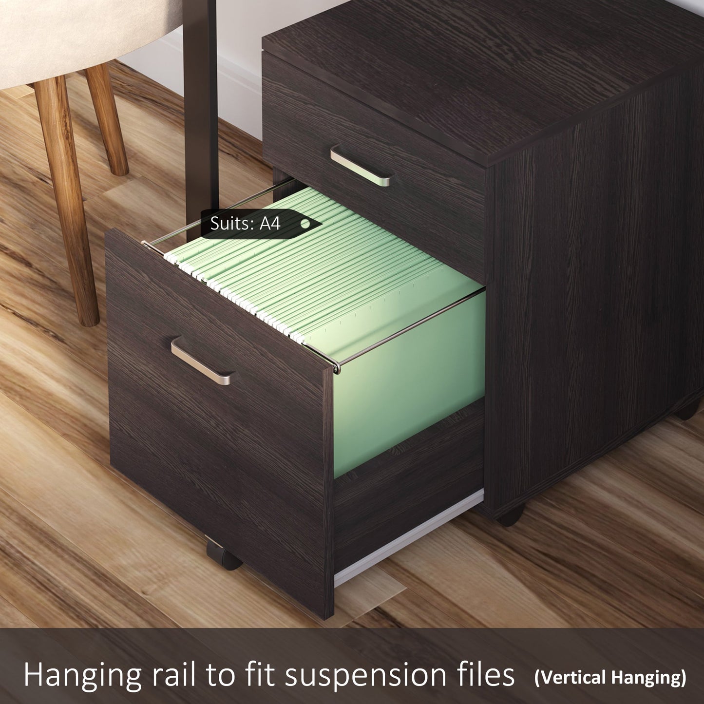 Vinsetto 2-Drawer Locking Office Filing Cabinet w/ 5 Wheels Rolling Storage Hanging A4 Cupboard Home Organisation Black Wood Grain