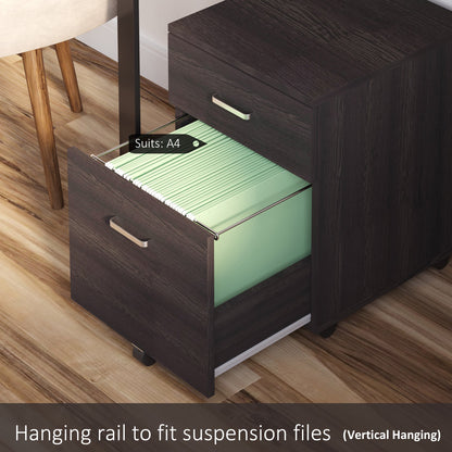 Vinsetto 2-Drawer Locking Office Filing Cabinet w/ 5 Wheels Rolling Storage Hanging A4 Cupboard Home Organisation Black Wood Grain