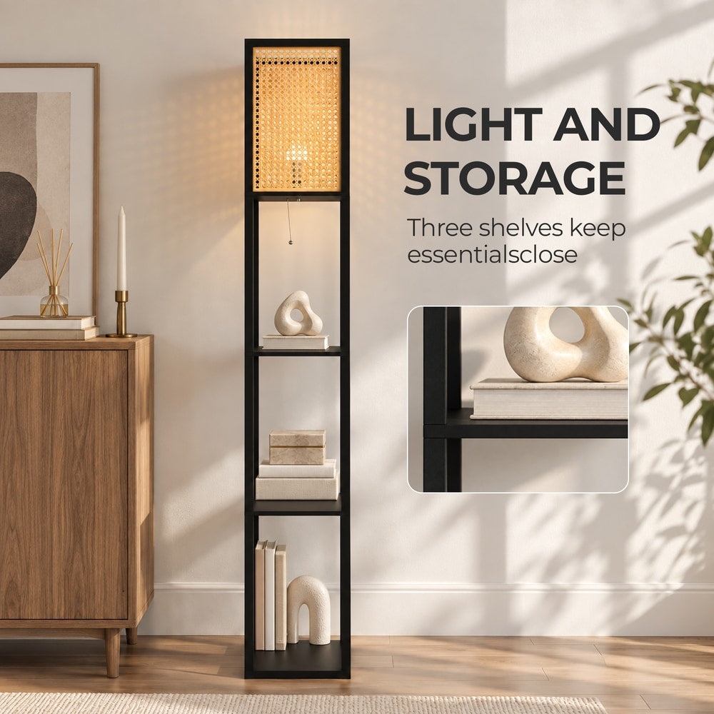 HOMCOM Floor Lamp with Shelves, Rattan Shade and Pull-Chain Switch, 3-Tier Storage Shelves for Bedroom Living Room, Black