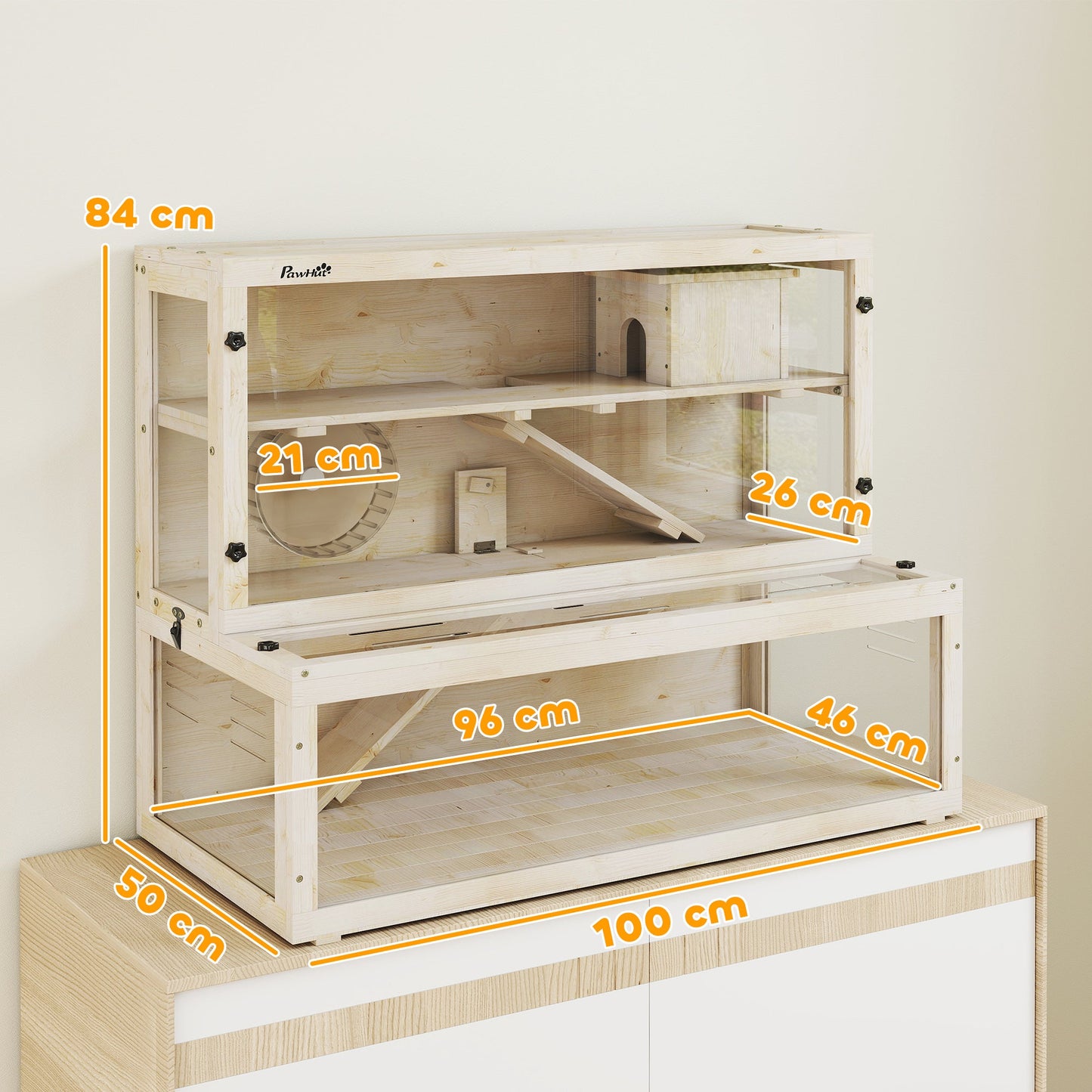 PawHut Wooden Hamster Cage with Hut, Wheel, Ramps, Removable Viewing Panels, 100 x 50 x 84 cm, Natural Wood