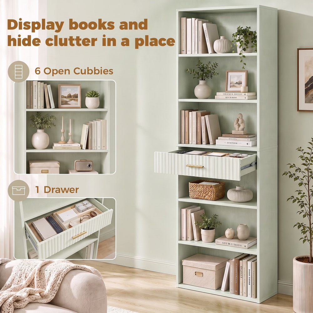 HOMCOM Bookcase Narrow Tall Space-Saving Bookshelf Drawer Open Shelves in Light Green