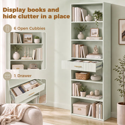 HOMCOM Bookcase Narrow Tall Space-Saving Bookshelf Drawer Open Shelves in Light Green