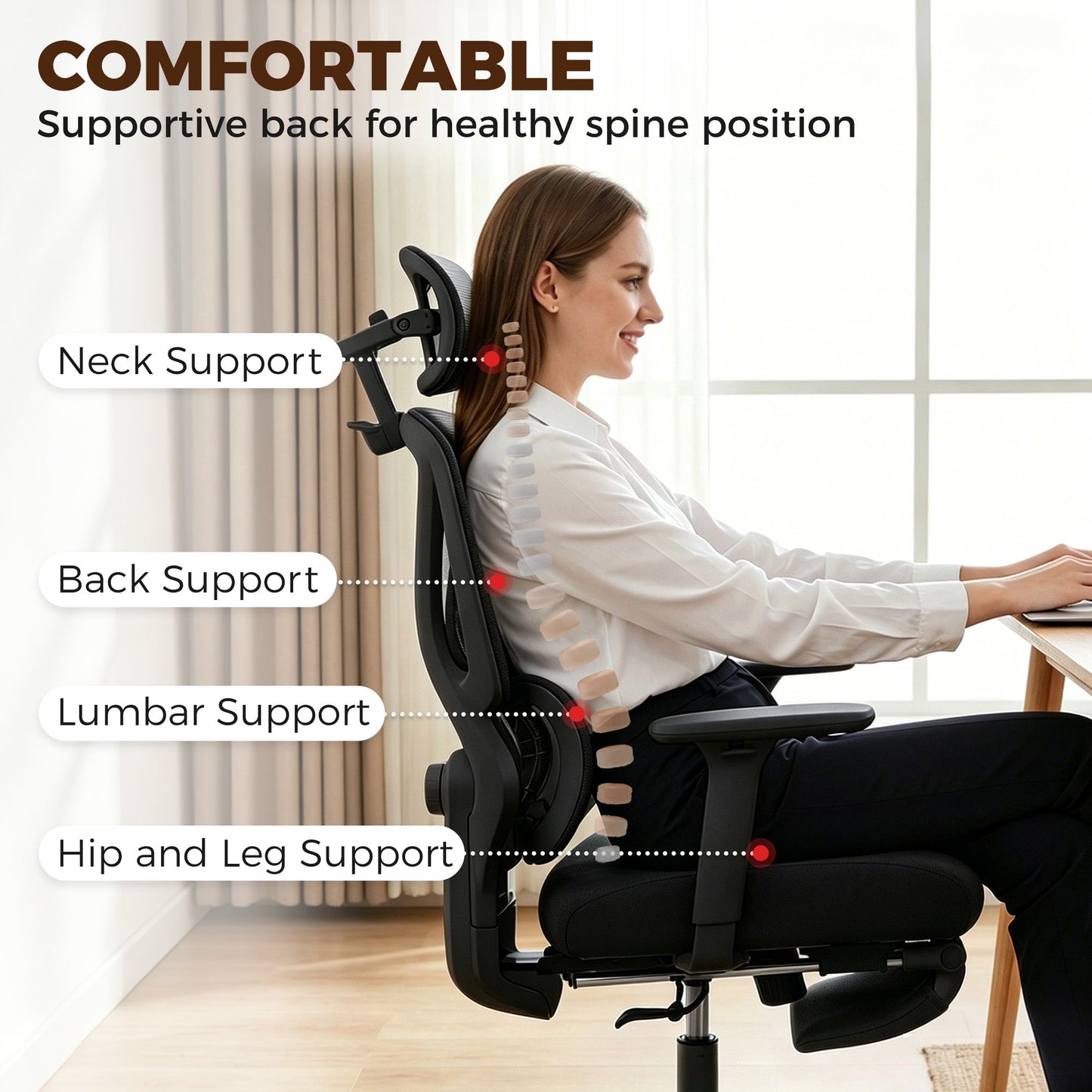 HOMCOM Mesh Desk Chair with 3D Armrests, Ergonomic Office Chair with Rotatable Headrest, Black