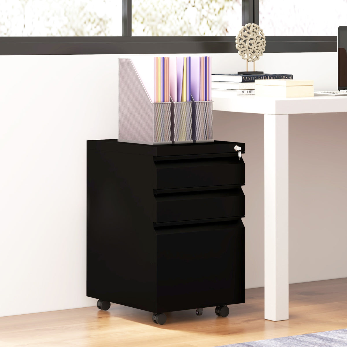 Vinsetto 3-Drawer Filing Cabinet with Lock in Black