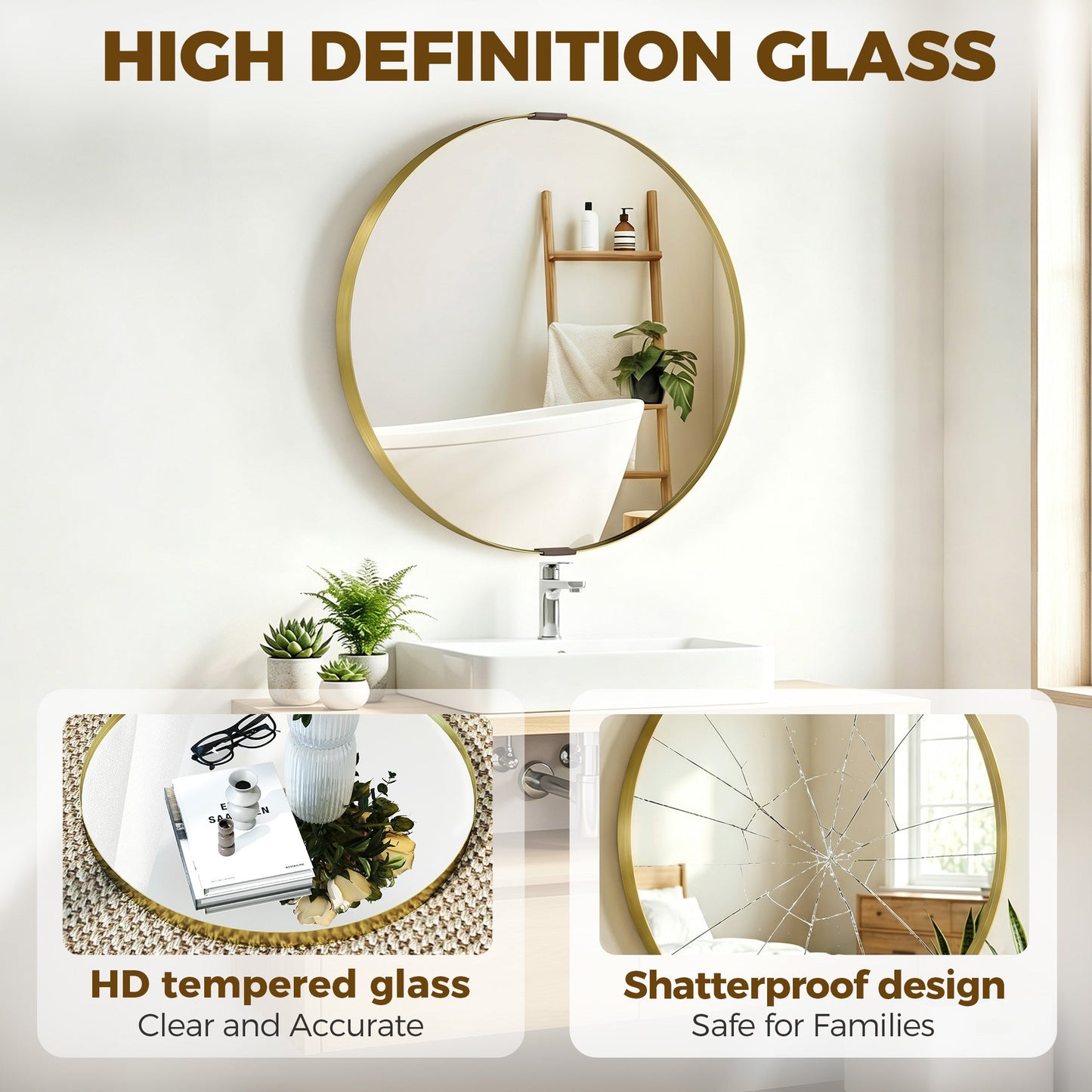 HOMCOM Round Wall Mirror 61 cm, Wall Mounted Bathroom Mirror with Tempered Safety Glass and Aluminium Alloy Frame, Gold Tone