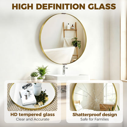 HOMCOM Round Wall Mirror 61 cm, Wall Mounted Bathroom Mirror with Tempered Safety Glass and Aluminium Alloy Frame, Gold Tone