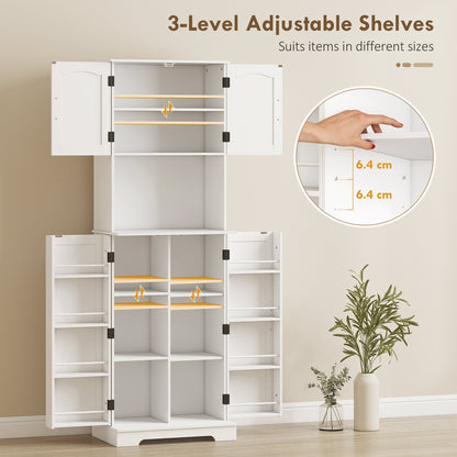 HOMCOM 181.5 cm Freestanding Storage Cabinet, Tall Kitchen Cupboard with Adjustable Shelves, 8 Door Spice Racks, White